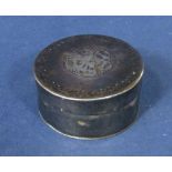 Early silver pill box, with the 'lion head' assay mark between 1697-1719, with engraved decoration