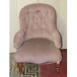 A Victorian spoonback drawing-room chair with upholstered finish, raised on turned, tapered forelegs