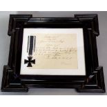 World War One iron cross second class with contemporary frame and handwritten documentation