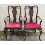 A pair of good quality Queen Anne style open elbow chairs in oak with vase shaped splats,
