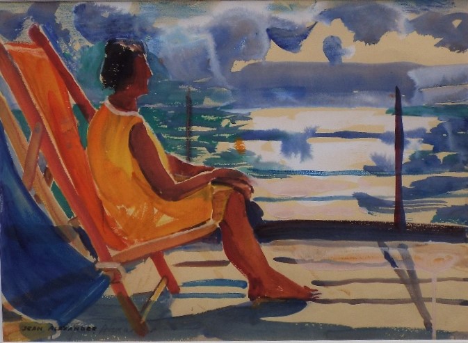 Jean Dryden Alexander (1911-1994) - 'Woman in Deck Chair', signed, Gouache, 27 x 36cm, framed