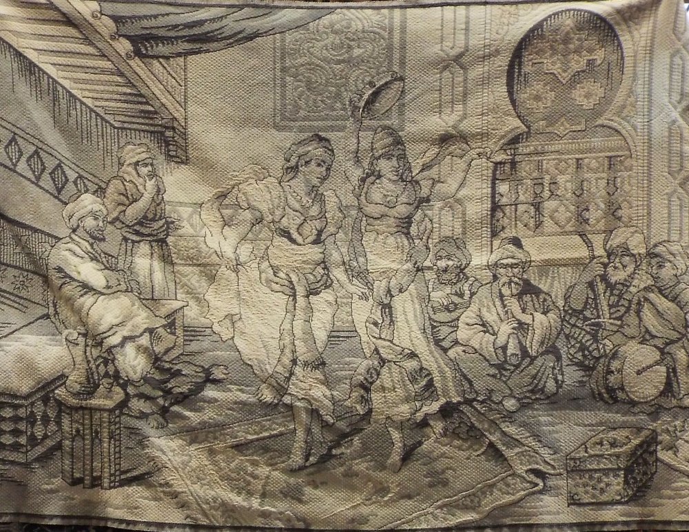 Belgian type machine woven tapestry of an Arabic scene with dancers and seated musicians 120 x 170