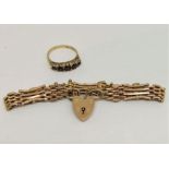 9ct gate link bracelet with heart padlock clasp, together with a 9ct five stone garnet ring, size M,