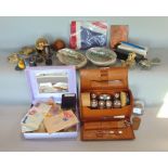 Miscellaneous effects including a vintage leather cased travelling set, pens, sundry coinage -