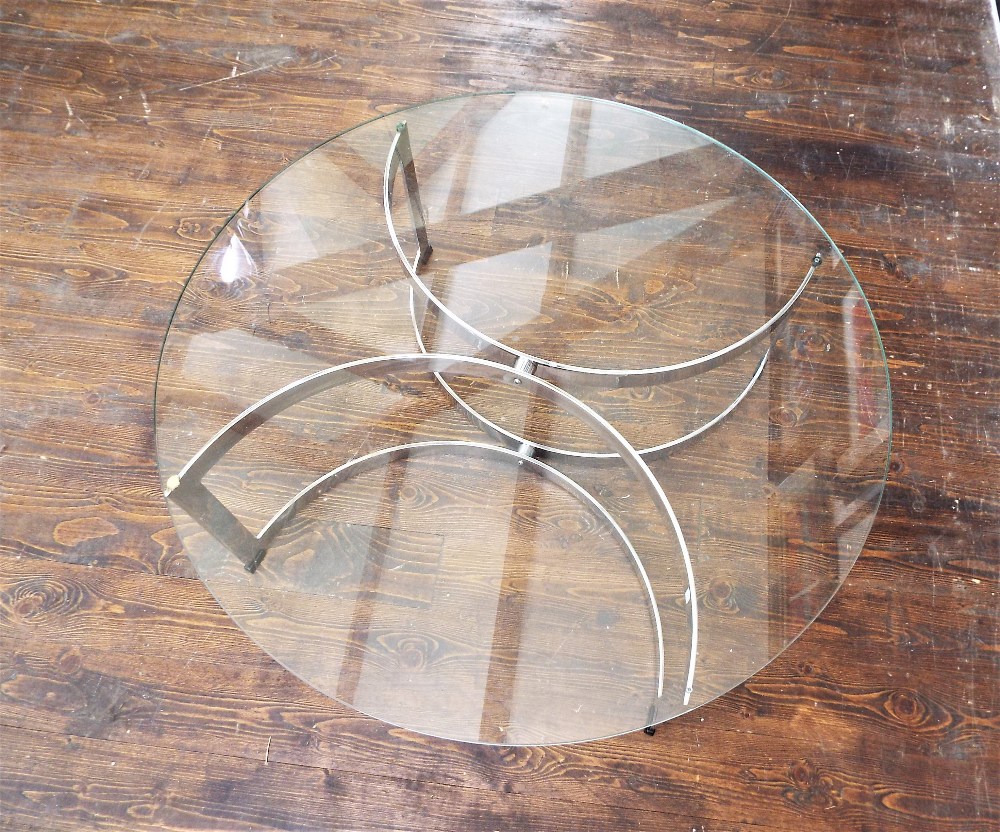 Richard Young for Merrow Associates - '341' chrome and glass coffee table, the circular glass top