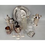 A collection of plated and glass wares including silver plated cocktail shaker, plated coffee pot
