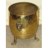 A polished brass coal bucket with lions mask and ring handles, riveted band and raised on lions