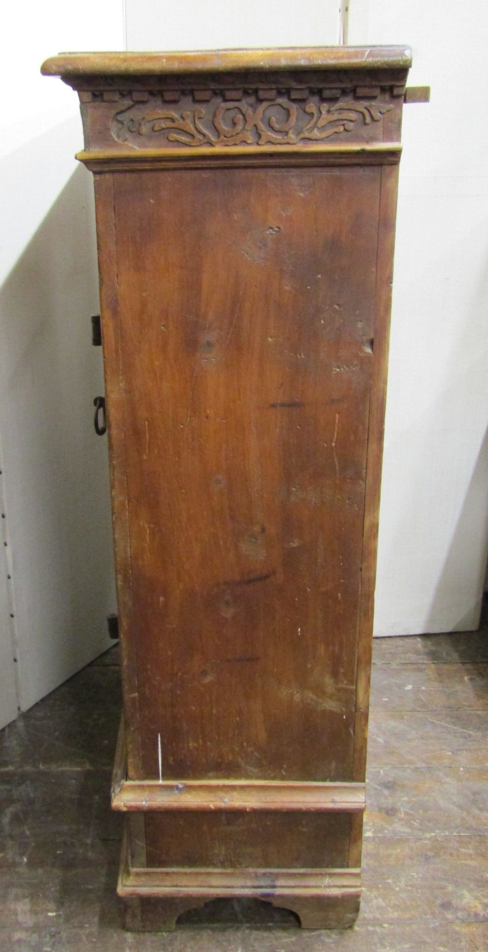 A 17th century pine side cupboard of continental origin, the central door with ironwork fittings, - Image 4 of 7