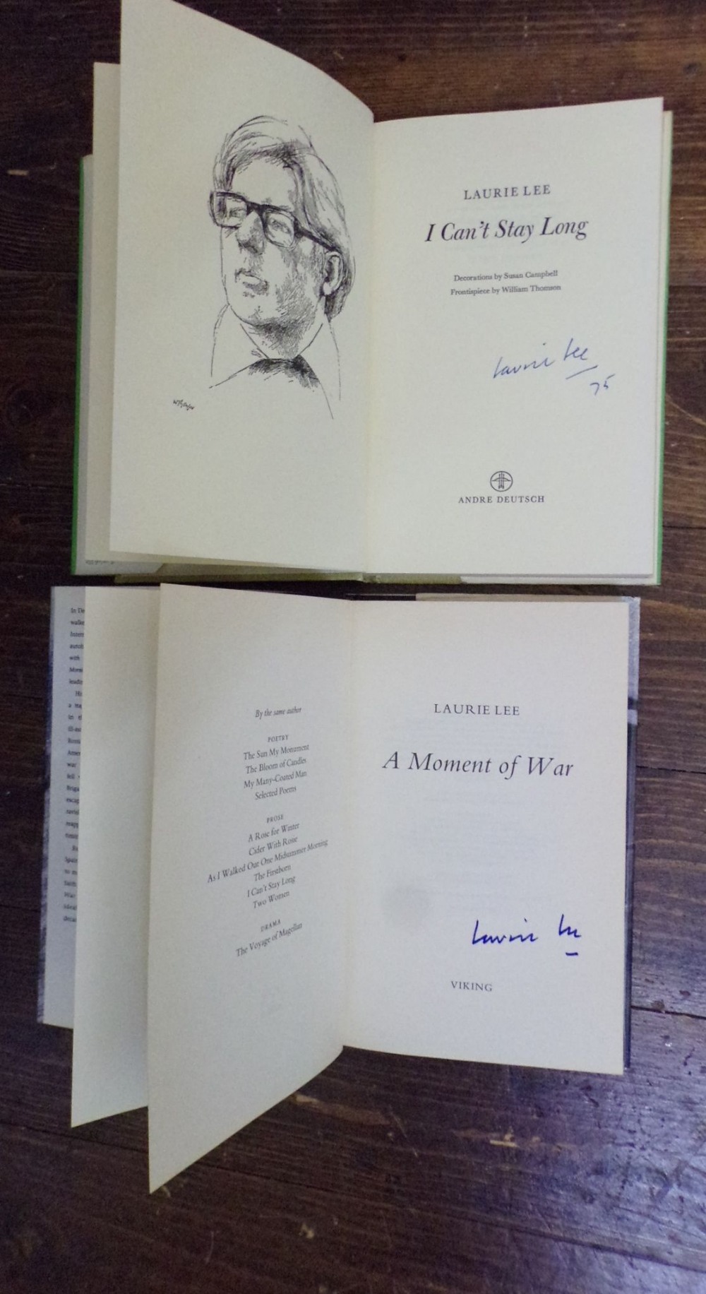 Five first edition books including, I can't Stay Long, by Laurie Lee, signed by the author and