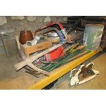 One lot of miscellaneous items to include a timber lathe and steel banded dome top travelling trunk,