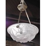 French art deco plafonnier, the frosted glass shade with geometric decoration upon a steel