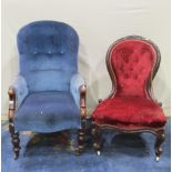 A Victorian drawing room chair with carved showwood frame and upholstered finish on turned supports,