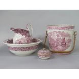 An early 20th century Wedgwood Ferrara pattern toilet set with puce printed detail comprising pail
