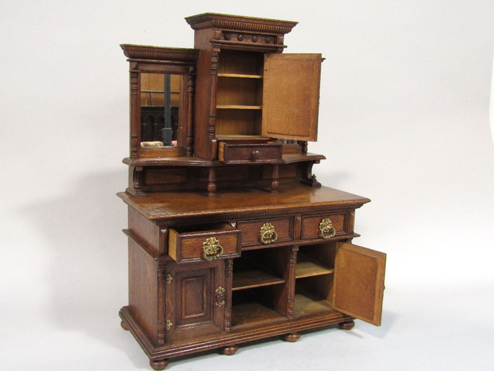 Late 19th century apprentice oak sideboard, the lower section enclosed by two doors and three - Image 2 of 2