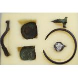 Five Roman bronze detectorist finds, brooch, bangle and a silver ring probably medieval