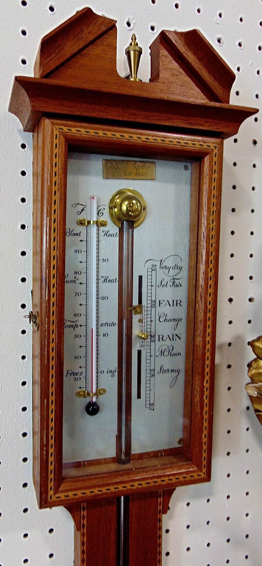 Derek Ogden of Woolpit marquetry inlaid barometer/thermometer, 99cm high - Image 2 of 2