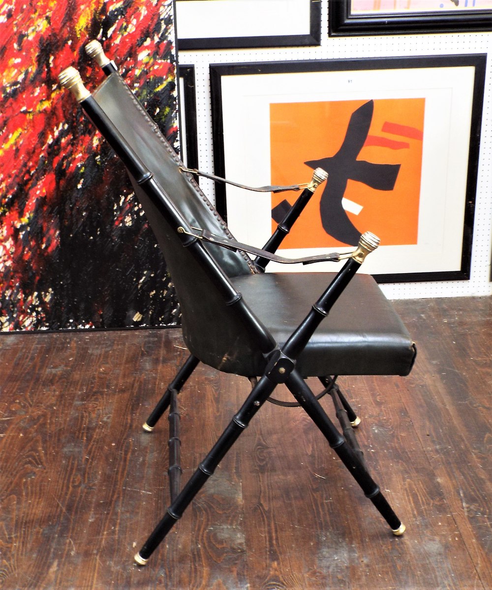 Safari ebonised faux bamboo folding chair with cast metal finials, studded leather back, 100cm high - Image 2 of 5