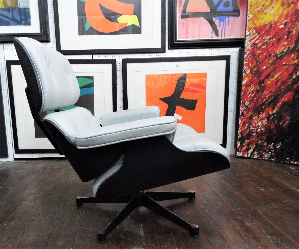 After Charles and Ray Eames - bespoke lounge chair and footstool, with grey leather upholstery upon - Image 3 of 3