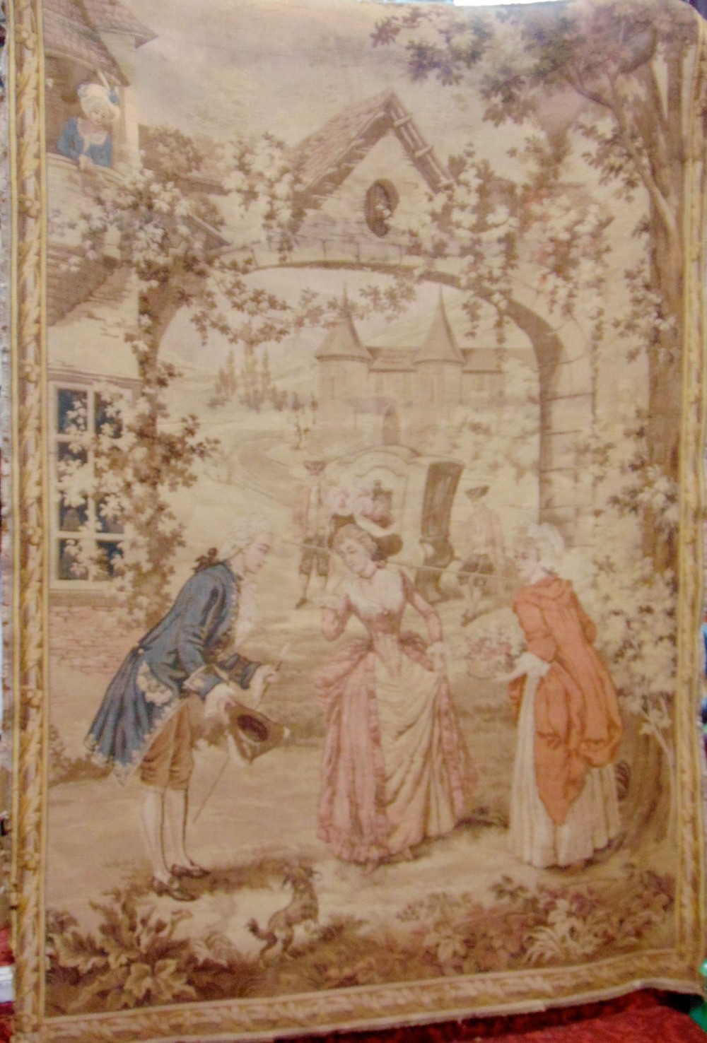 Machine woven continental tapestry panel, 1.85 x 1.25 m depicting the meeting of a gentleman and