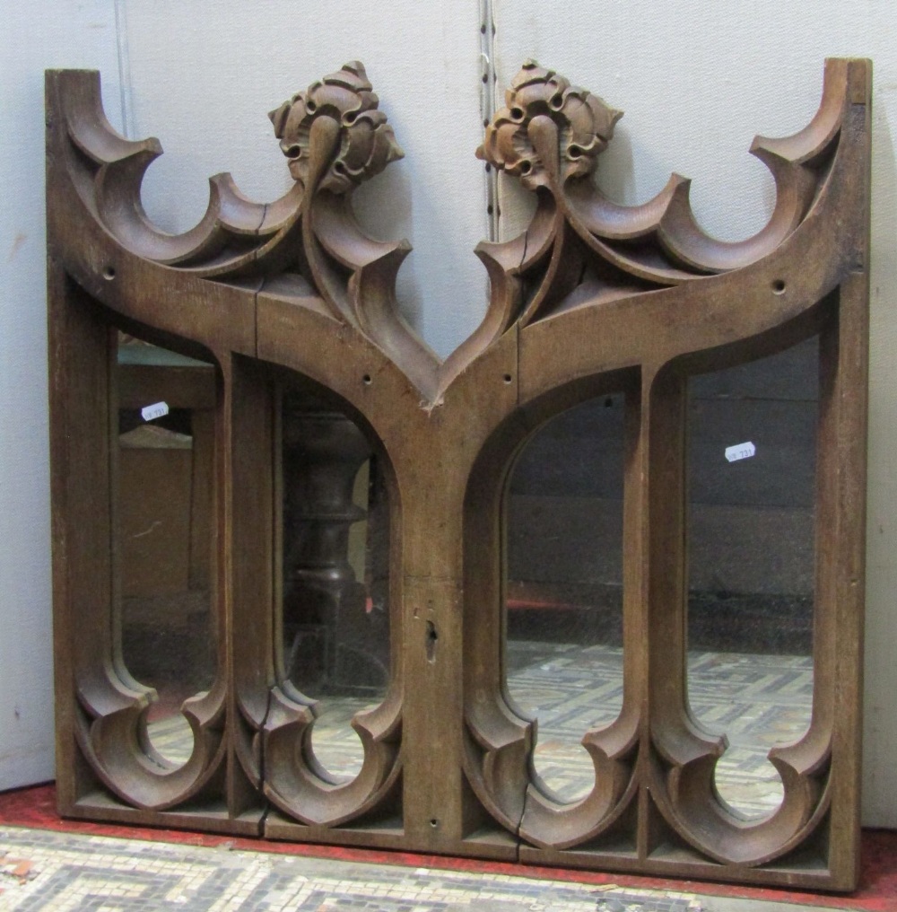 A large Victorian Gothic dark stained oak framed sideboard back with stepped and moulded carved - Image 3 of 3