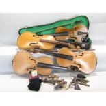 Three violin bodies, two bows and a further cased violin, (student quality)
