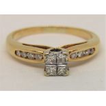 9ct princess and round cut diamond cluster ring, size Q, 3.4g