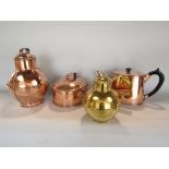 A polished Jersey milk pail, a further example in brass, a large polished copper teapot and a