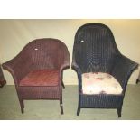 A near pair of Lloyd Loom style tub chairs, upholstered seats, a Victorian drawing room chair with