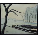 Ange (circle of Bernard Buffet) - 'River Scene'. signed and dated 1958, Oil on Canvas, 50 x 61cm,