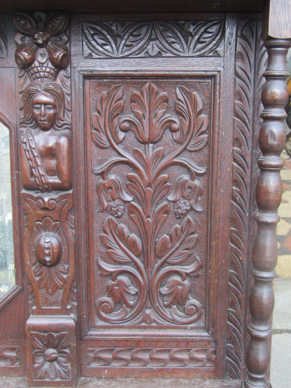 A pair of 19th century overmantels, the profusely carved oak frames with lions mask bosses, part - Image 3 of 3