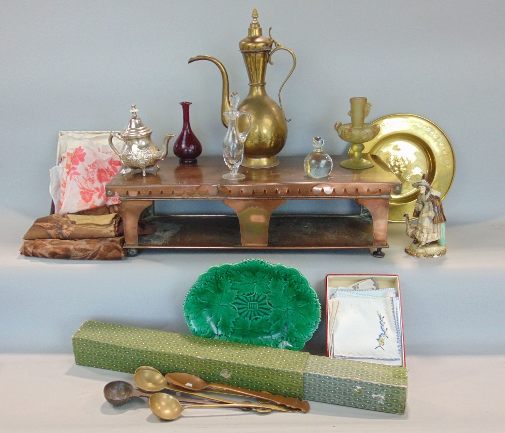 A copper hot plate, embossed brass dish, Turkish coffee pot, further metalware, glassware, etc