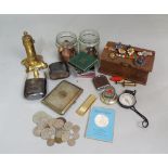 A few military pips and badges, silver plated hip flask, sundry crown, other coinage, etc