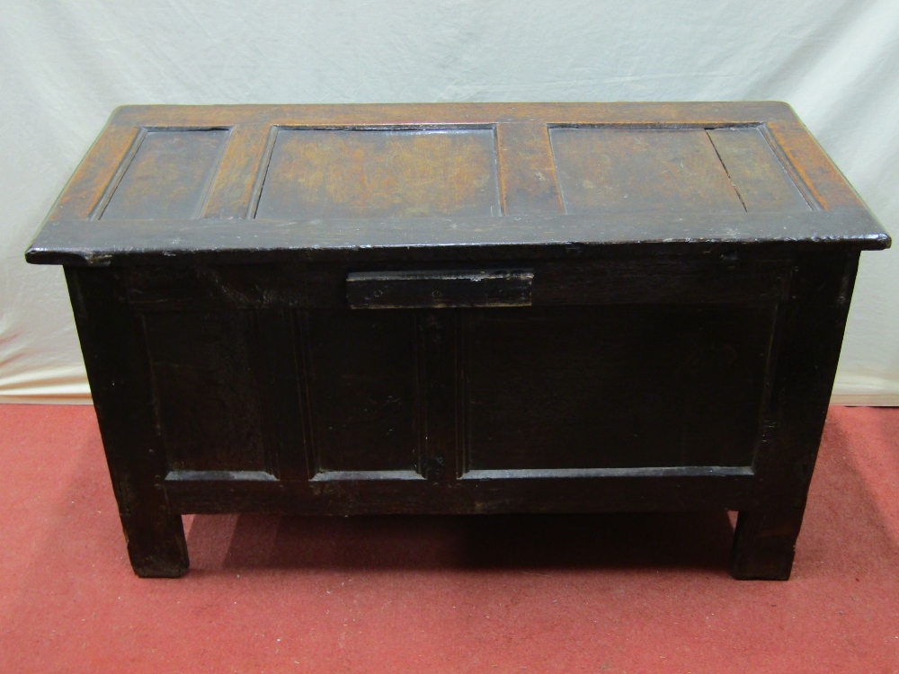 An 18th century oak panelled coffer, the front elevation with repeating Tudor rose and floral - Image 4 of 4