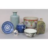 A collection of oriental ceramics including a 19th century blue and white dish, a scent bottle