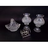 A pair of two sectional Galway cut glass candle lamps and shades maximum height 23 cm approx