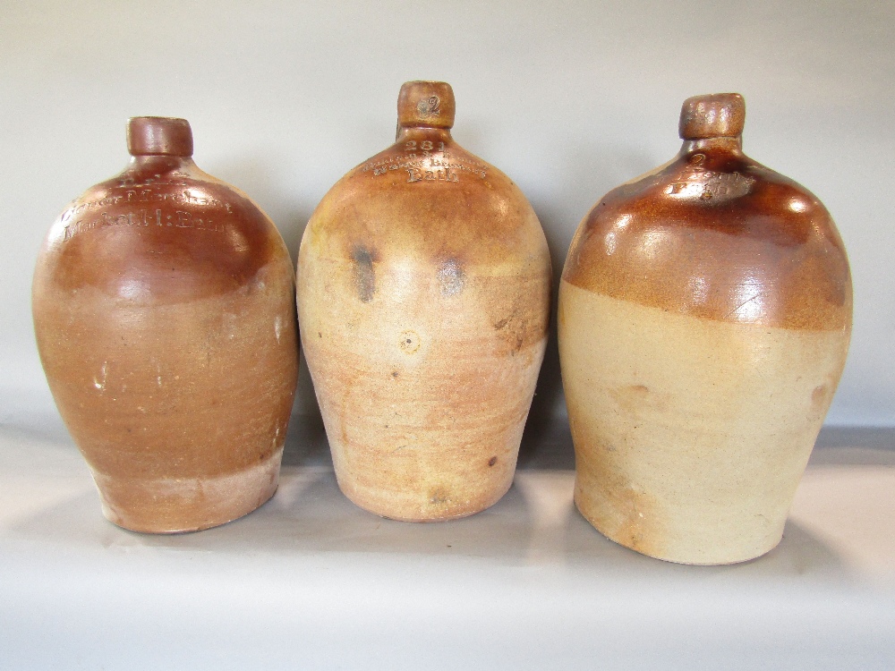 Three early Bath related salt glazed flagons (two gallon models) number 281 Baldwin & Tanner, Walcot