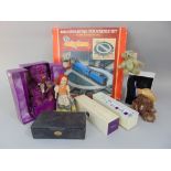 Mixed toy collection including Hornby Railway R414 Operating Turntable set, four teddy bears, a