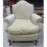 A good quality Georgian style camel back armchair, with repeating and alternating cube patterned