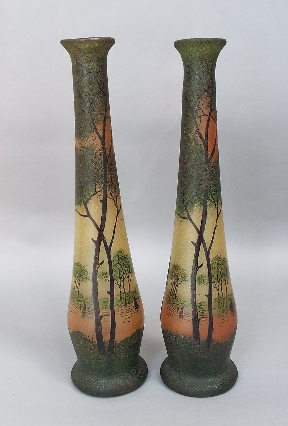 A pair of early 20th century continental vases with frosted finish and river landscape decoration in - Image 2 of 4