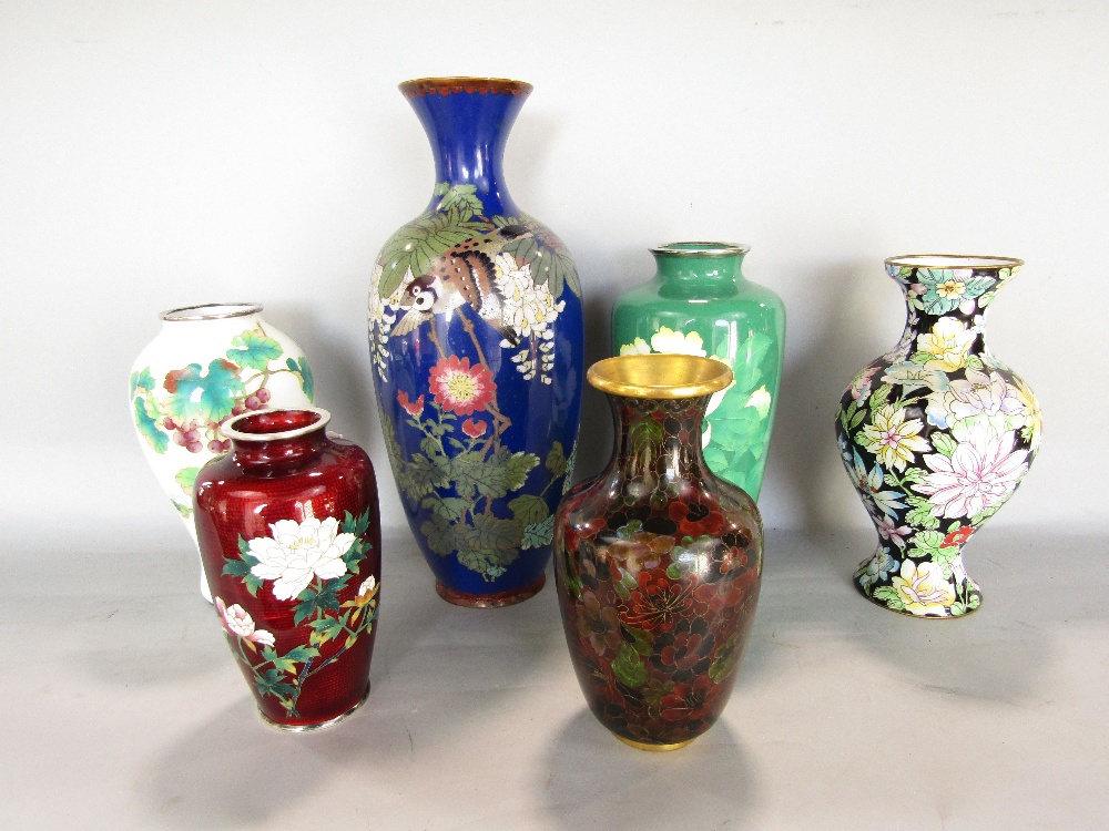 Six various cloisonné vases, various colours and of traditional design and form