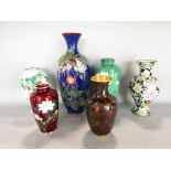 Six various cloisonné vases, various colours and of traditional design and form