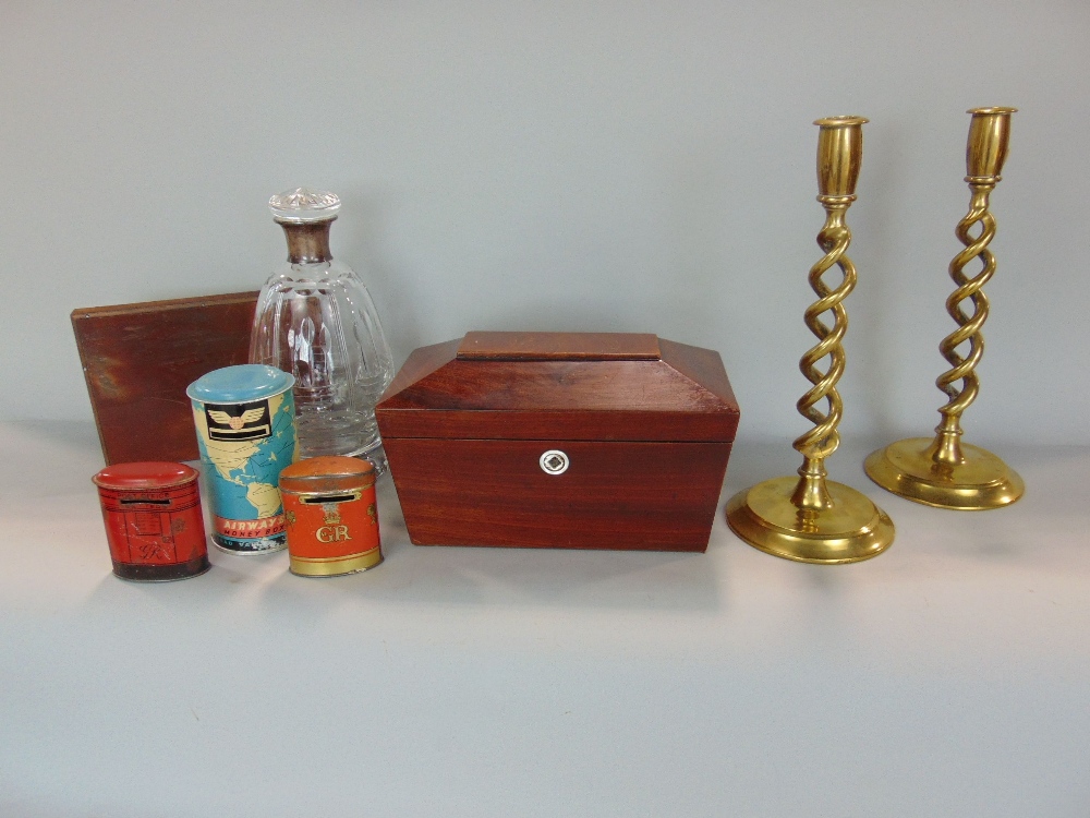 A 19th century sarcophagus shaped tea caddy, cut glass decanter with silver collar, pair of open