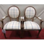 Six Nordic Style 'Markus Round Back' open arm elbow chairs with tartan type fabric on fumed oak