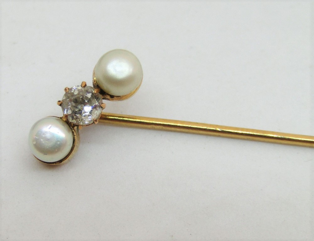 Early 20th century pearl and diamond set stick pin, the central diamond 0.20cts approx, contained in - Image 2 of 4