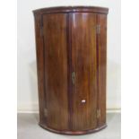 A 19th century and later oak bow fronted hanging corner cupboard, enclosed by two doors with