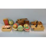 A collection of vintage games including chess pieces of simple timber construction, together with