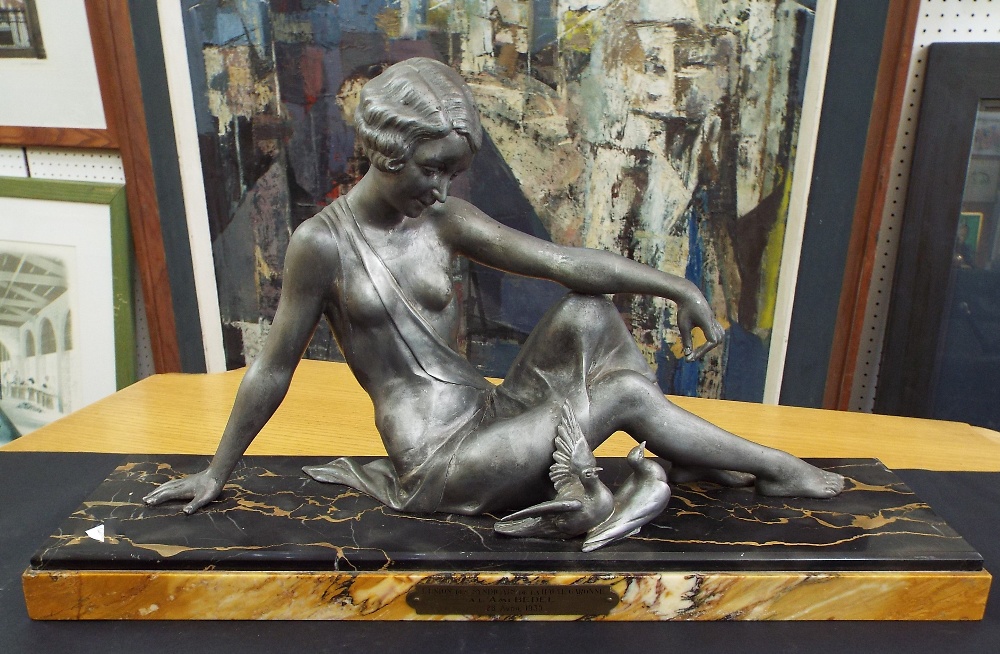 After Godard - Cast spelter figure of a recumbent lady with two doves, upon a stepped square - Image 2 of 3