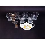 A set of six heavy glass goblets, together with a two handled silver trophy by Walker & Hall,