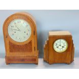 Art Deco walnut cased twin train mantels clock, with enamel chapter ring, arabic numerals,