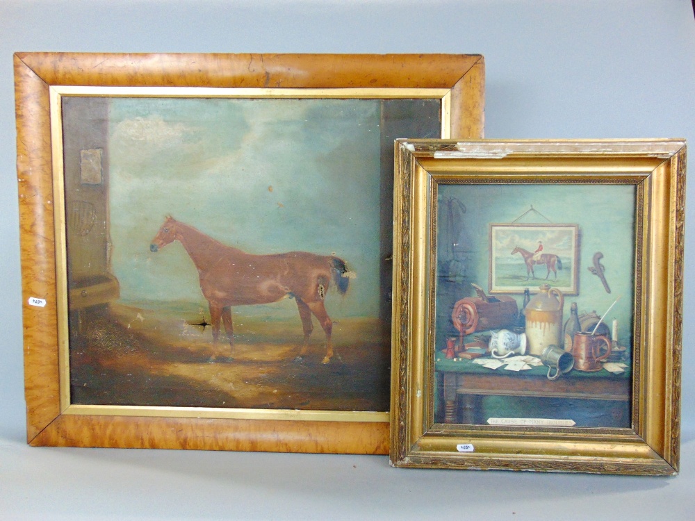 19th century naive study of a Chestnut hunter horse, 52 x 63 cm, framed; together with a Pears print